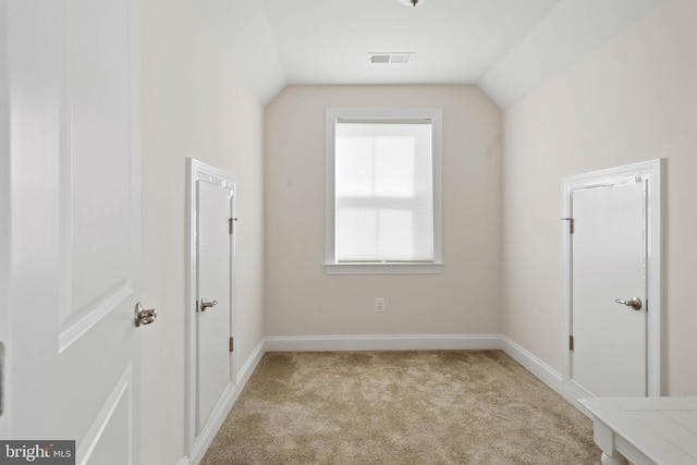 additional living space featuring vaulted ceiling, visible vents, baseboards, and carpet floors