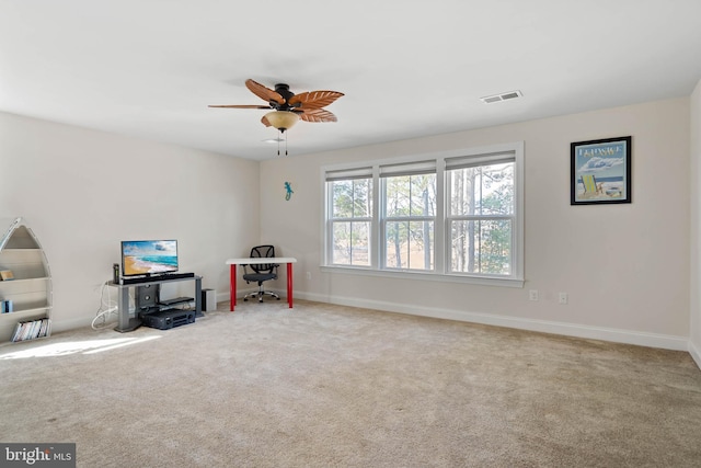 playroom featuring visible vents, baseboards, carpet, and ceiling fan