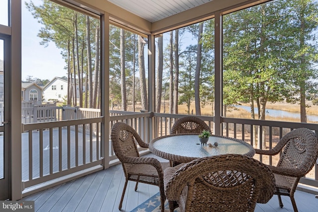 sunroom / solarium with a water view