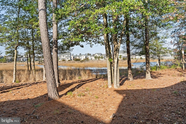 view of yard featuring a water view and a residential view