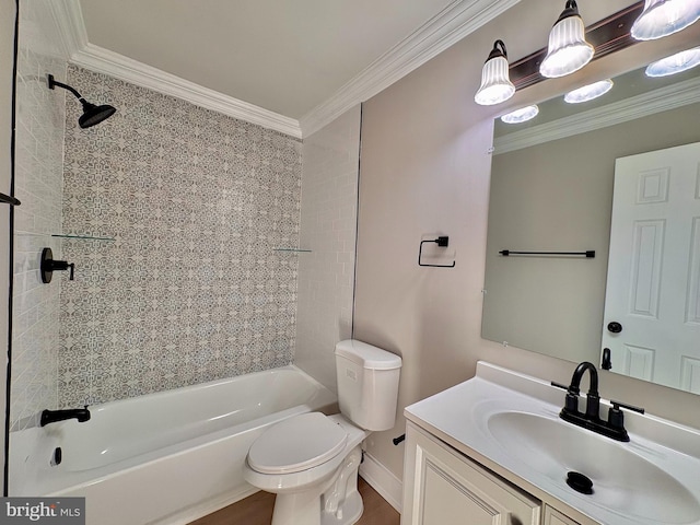 bathroom featuring toilet, tub / shower combination, crown molding, and vanity