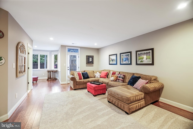 living area with baseboards, wood finished floors, and recessed lighting