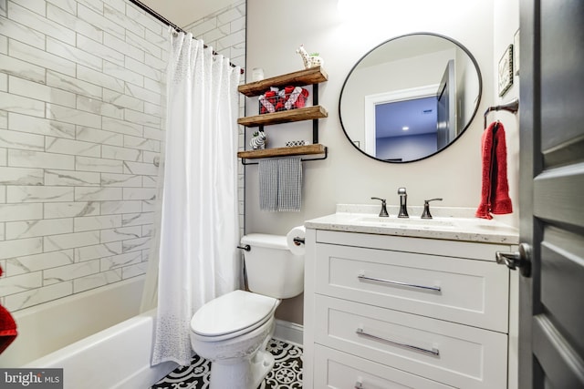 full bathroom featuring toilet, shower / bath combination with curtain, and vanity