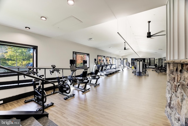 gym featuring lofted ceiling, attic access, a ceiling fan, and light wood-style floors