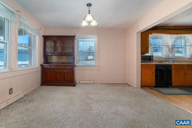 unfurnished dining area with a baseboard radiator, light carpet, and a textured ceiling