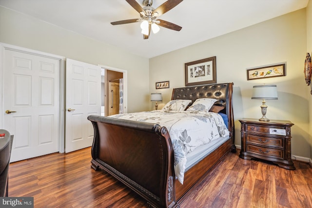 bedroom with ceiling fan, baseboards, and wood finished floors