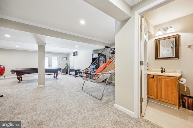 game room with ornamental molding, pool table, light carpet, and recessed lighting