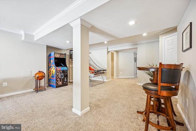 interior space featuring baseboards, carpet floors, recessed lighting, and crown molding