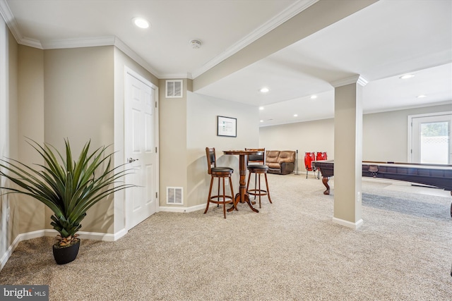 interior space featuring carpet, pool table, visible vents, and crown molding