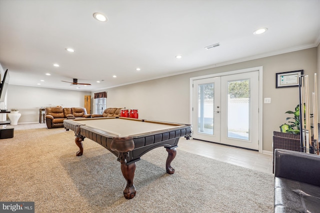 game room featuring french doors, ornamental molding, visible vents, and recessed lighting