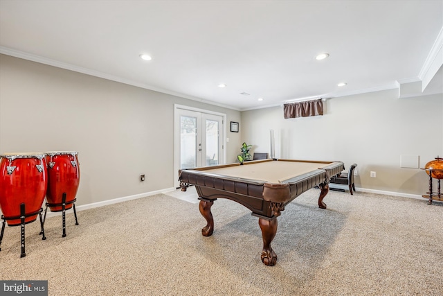 rec room featuring carpet floors, french doors, and baseboards