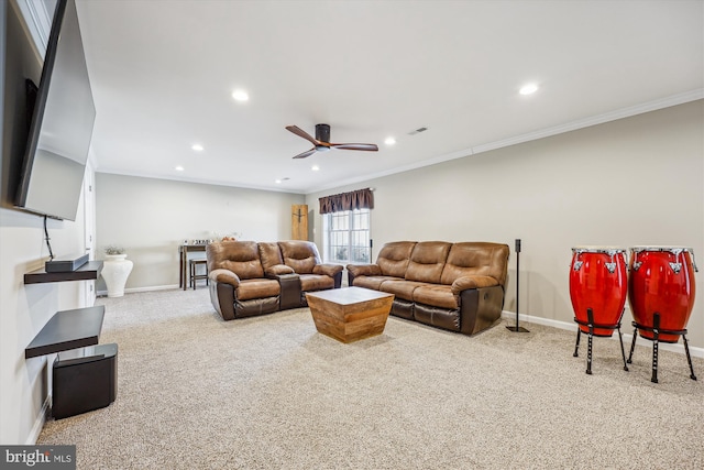 living area with recessed lighting, carpet flooring, crown molding, and baseboards