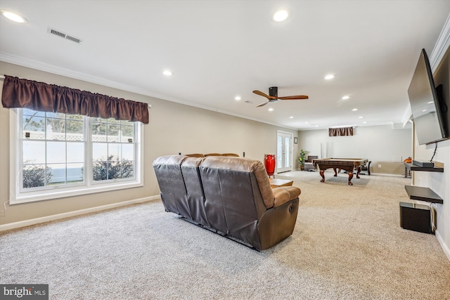 living room with baseboards, visible vents, carpet flooring, and recessed lighting