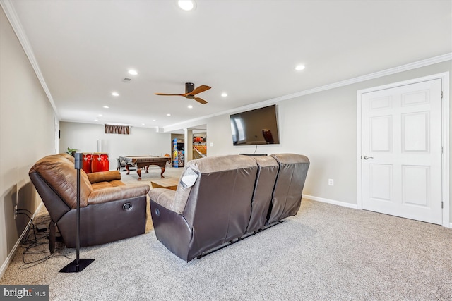 carpeted living room featuring recessed lighting, crown molding, baseboards, and billiards