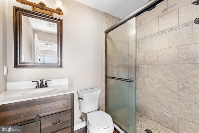 full bathroom with visible vents, a stall shower, vanity, and toilet