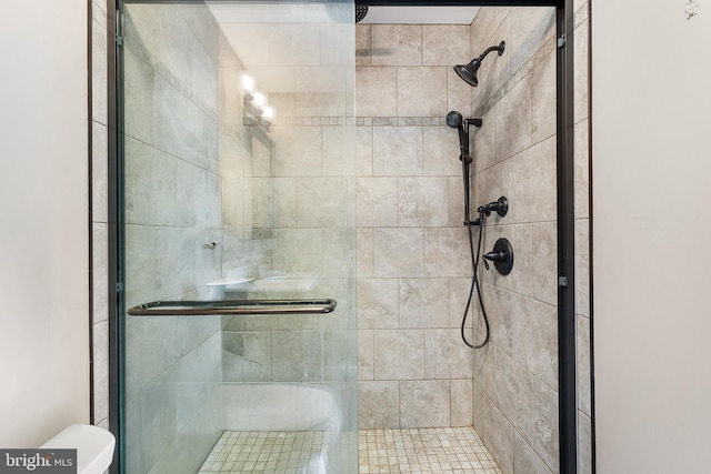 bathroom featuring toilet and a shower stall