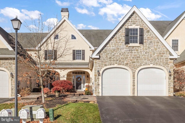 view of front of home with aphalt driveway, a chimney, an attached garage, and stucco siding