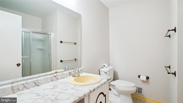 bathroom featuring a stall shower, visible vents, vanity, and toilet