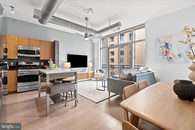 dining space with light wood-style floors and expansive windows