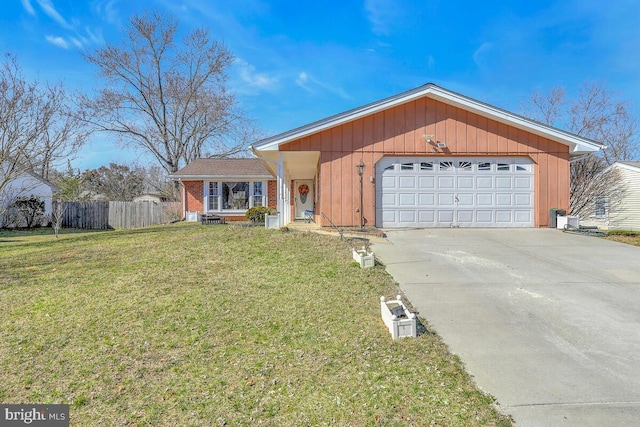 ranch-style home featuring brick siding, an attached garage, a front yard, fence, and driveway