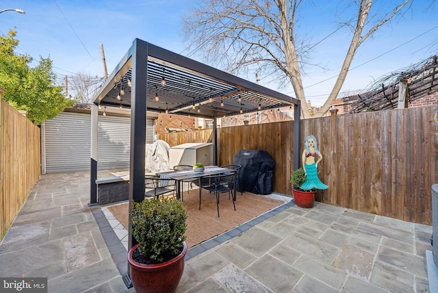 view of patio / terrace featuring a fenced backyard, outdoor dining area, a pergola, and area for grilling