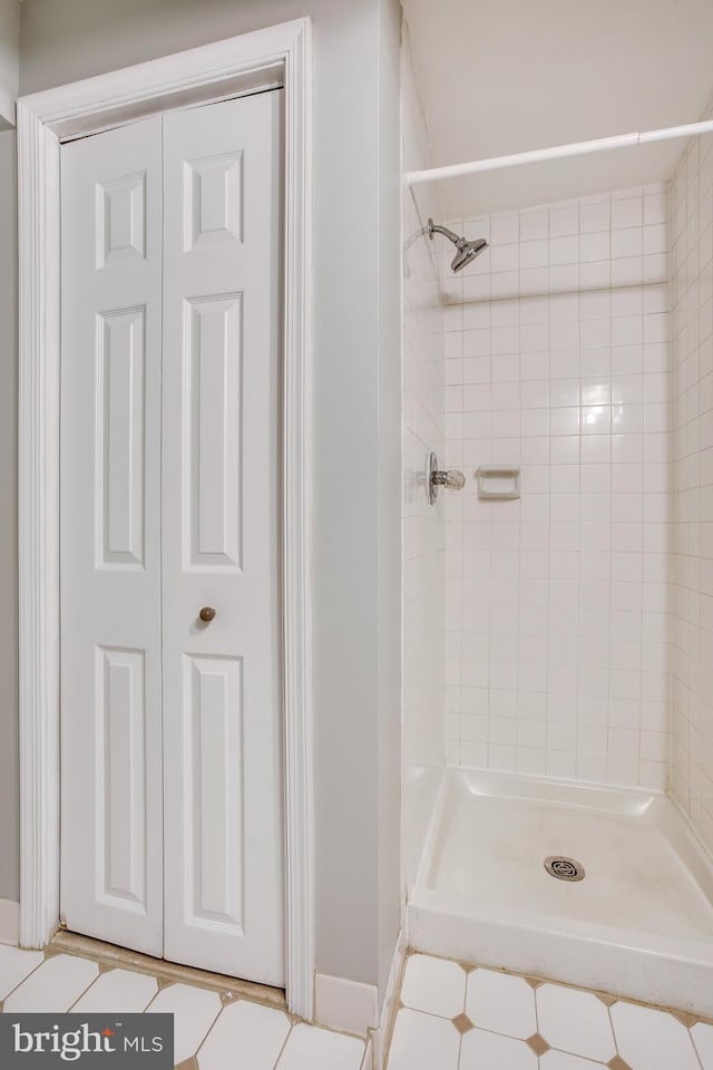 bathroom featuring a stall shower and a closet