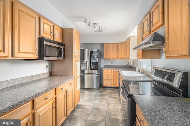 kitchen featuring appliances with stainless steel finishes, dark countertops, a sink, and under cabinet range hood