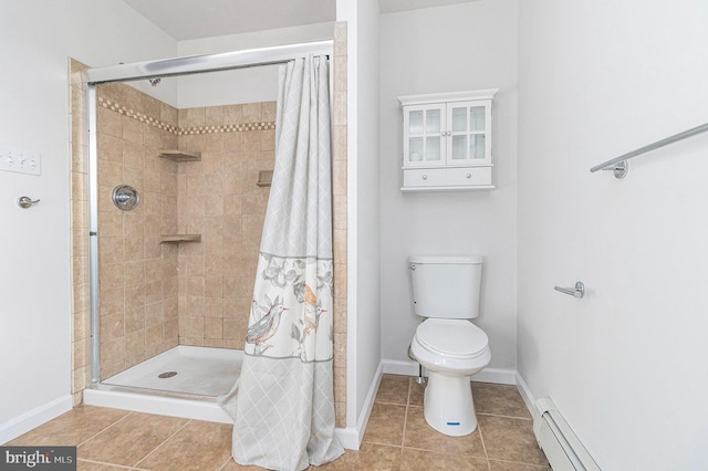 full bath featuring a stall shower, baseboards, toilet, a baseboard radiator, and tile patterned floors