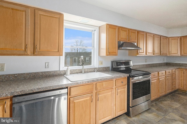 kitchen with appliances with stainless steel finishes, dark countertops, a sink, and extractor fan