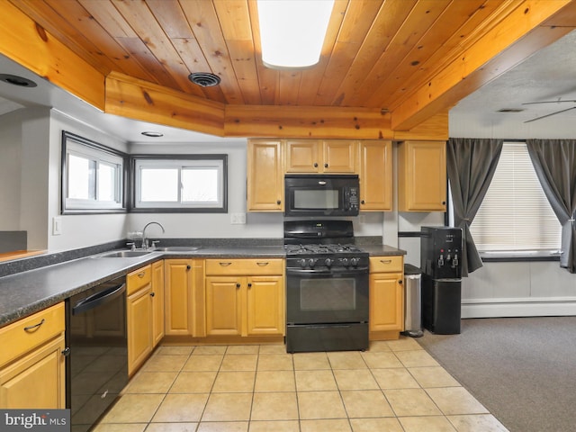 kitchen featuring light tile patterned flooring, a baseboard heating unit, wood ceiling, black appliances, and dark countertops