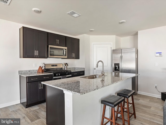 kitchen with appliances with stainless steel finishes, an island with sink, a sink, and visible vents