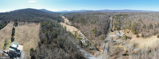 bird's eye view with a forest view and a mountain view