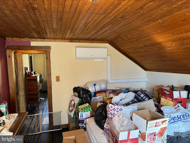 interior space with radiator, wood ceiling, vaulted ceiling, and a wall mounted AC