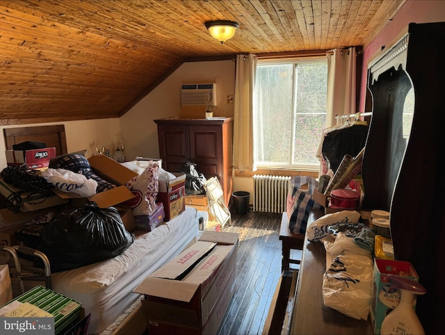 bedroom with wood ceiling, radiator heating unit, dark wood-style flooring, a wall mounted air conditioner, and vaulted ceiling