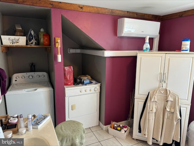 laundry room with light tile patterned floors, laundry area, independent washer and dryer, and a wall unit AC