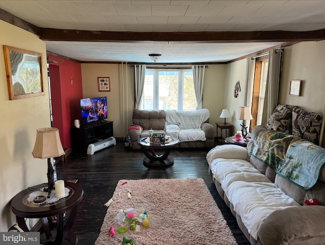 living room with dark wood finished floors and beamed ceiling