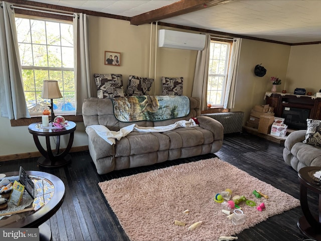 living area featuring ornamental molding, a healthy amount of sunlight, a wall mounted AC, and radiator