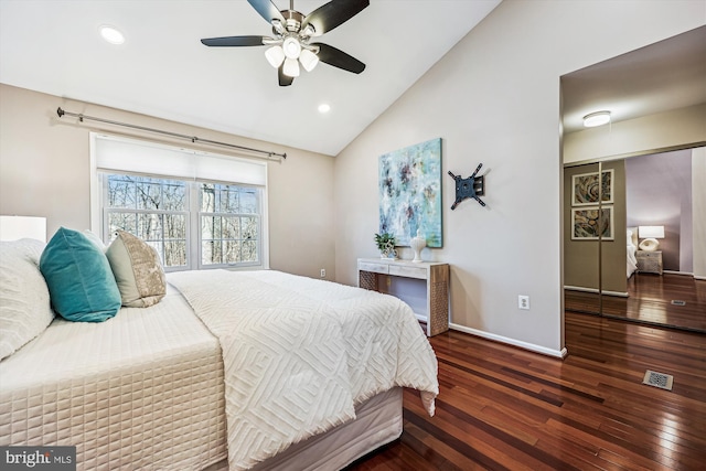 bedroom with recessed lighting, visible vents, baseboards, vaulted ceiling, and hardwood / wood-style floors