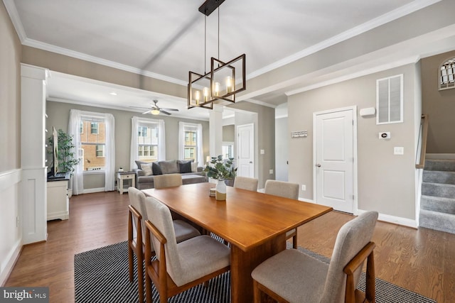 dining room with visible vents, dark wood-style flooring, stairs, crown molding, and ceiling fan with notable chandelier