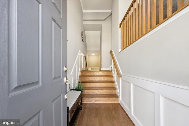 stairway with a decorative wall, a towering ceiling, and wood finished floors