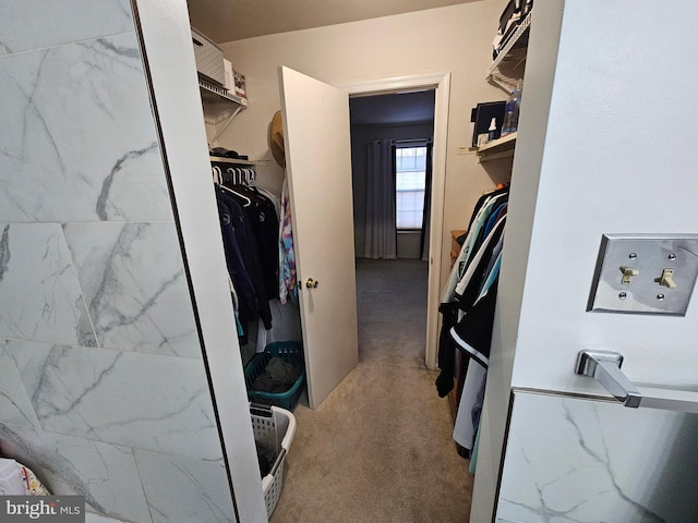 walk in closet with light carpet