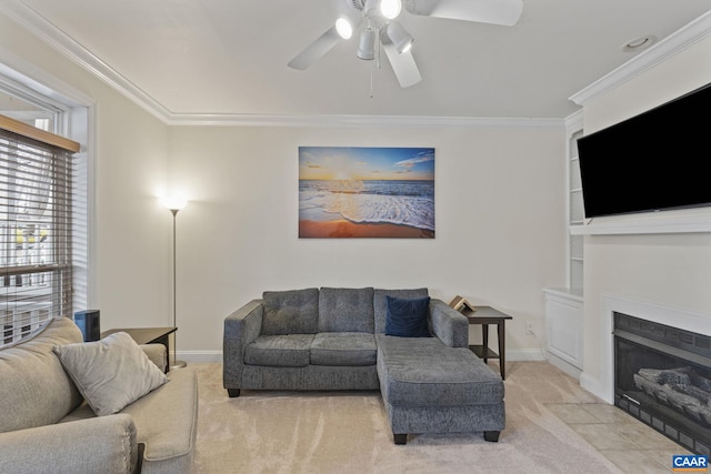 living room with built in shelves, light colored carpet, crown molding, and a fireplace with flush hearth