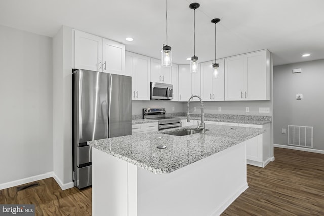 kitchen featuring appliances with stainless steel finishes, visible vents, a sink, and white cabinetry