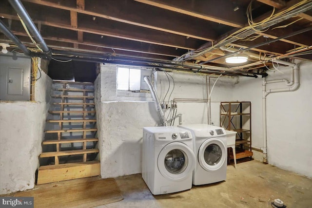 laundry room featuring laundry area, electric panel, and washer and dryer