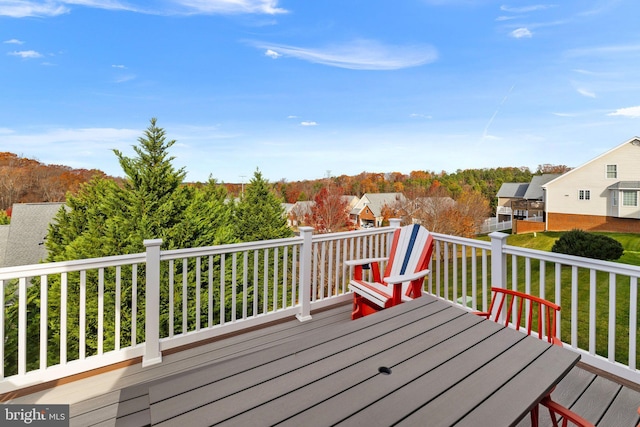 wooden terrace featuring a lawn