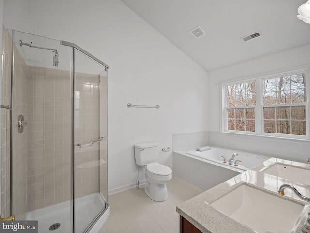 3110 Blackberry Ln, Prince Frederick, MD 20678 - full bathroom with toilet, visible vents, a stall shower, and lofted ceiling