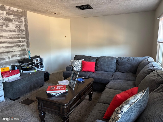 living area featuring a textured ceiling and carpet flooring