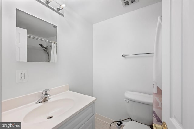 7349 Eldorado Ct, Mclean, VA 22102 - bathroom featuring vanity, toilet, tile patterned flooring, a shower with shower curtain, and baseboards