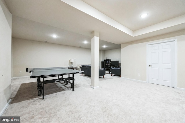 recreation room featuring recessed lighting, light colored carpet, and baseboards