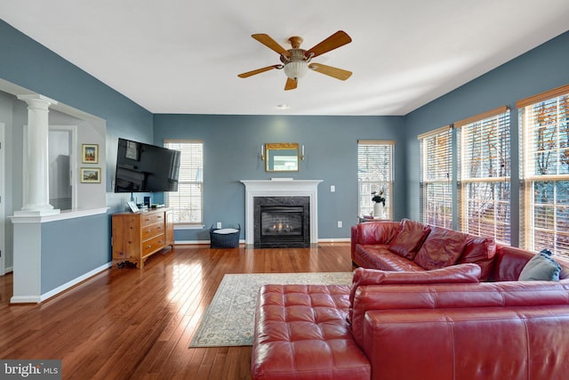 living room featuring a healthy amount of sunlight, a premium fireplace, dark wood finished floors, and ornate columns